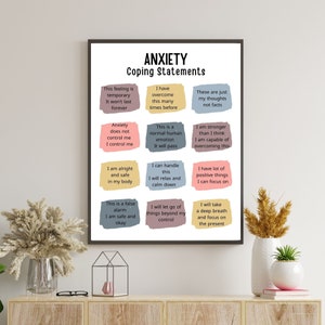 Anxiety Coping Statements poster to improve kids coping Skills and Mental Health. This Anxiety Coping poster is perfect office décor for any psychologist, psychotherapist, counselor, therapist, teacher or social worker office.