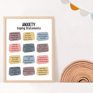 Anxiety Coping Statements poster to improve kids coping Skills and Mental Health. This Anxiety Coping poster is perfect office décor for any psychologist, psychotherapist, counselor, therapist, teacher or social worker office.