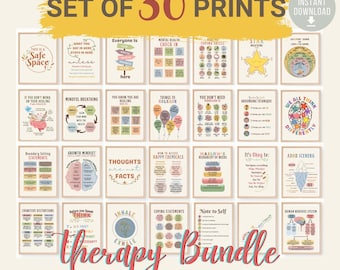 30 Therapy Office Decor Bundle, Therapist posters School Counselor Social Worker School Psychologist Mental Health CBT DBT Therapy wall art