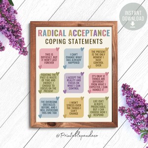 Radical Acceptance Coping Statements Mindfulness Poster | Self Acceptance Affirmations Printable wall art poster. This poster is perfect office décor for any psychologist, psychotherapist, counselor, therapist, teacher or social worker office.