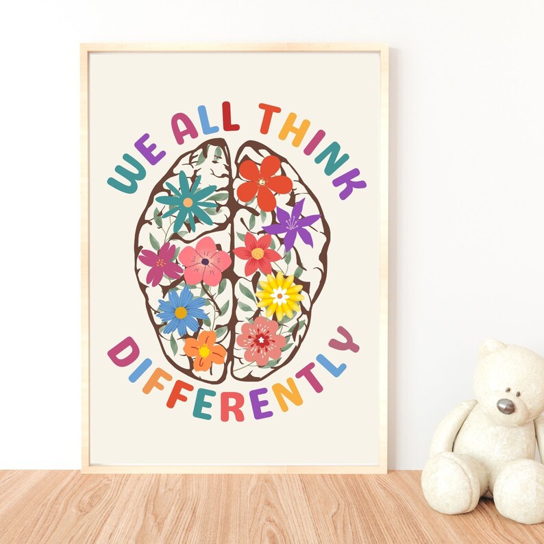 Neurodiversity Brain Art Poster - We All think differently Printable Wall Art poster is perfect office décor for any psychologist, psychotherapist, counselor, therapist, teacher or social worker office.