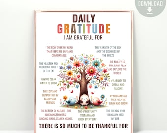 Cartaz diário de gratidão, decoração de escritório de terapia, árvore de gratidão, mentalidade de crescimento, canto calmante, conselheiro escolar, psicólogo escolar CBT DBT