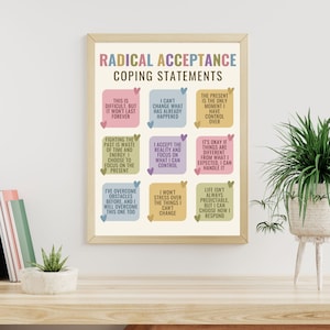 Radical Acceptance Coping Statements Mindfulness Poster | Self Acceptance Affirmations Printable wall art poster. This poster is perfect office décor for any psychologist, psychotherapist, counselor, therapist, teacher or social worker office.