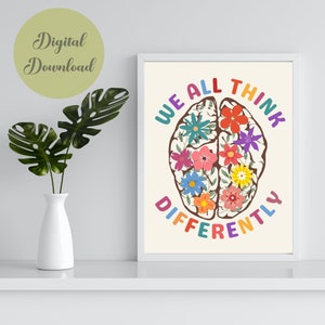 Neurodiversity Brain Art Poster - We All think differently Printable Wall Art poster is perfect office décor for any psychologist, psychotherapist, counselor, therapist, teacher or social worker office.