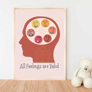 Feelings Poster, All feelings are valid, Boho Calm Corner, therapy office, mental health, Nursery Montessori Classroom Printable Wall Art