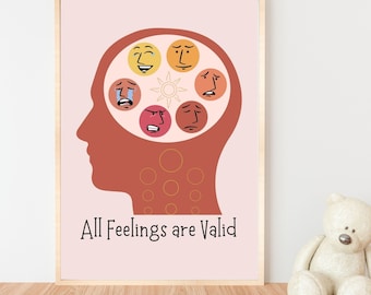 Feelings Poster, All feelings are valid, Boho Calm Corner, therapy office, mental health, Nursery Montessori Classroom Printable Wall Art