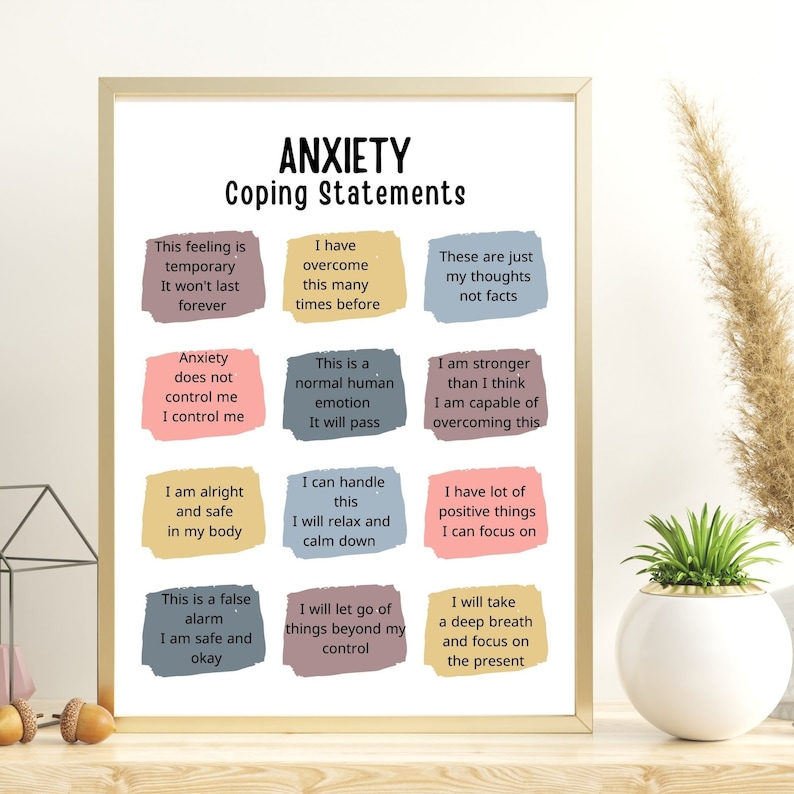 Anxiety Coping Statements poster to improve kids coping Skills and Mental Health. This Anxiety Coping poster is perfect office décor for any psychologist, psychotherapist, counselor, therapist, teacher or social worker office.