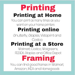 May include: A red and black text graphic with the word "Printing" in large red letters. The graphic lists different ways to print photos, including at home, online, and at a store. It also lists stores where you can find frames for your photos, including Walmart, Amazon, IKEA, and Homegoods.