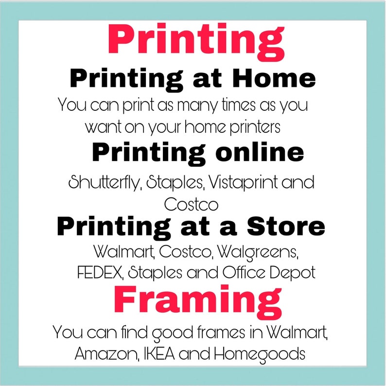 May include: A red and black text graphic with the word "Printing" in large red letters. The graphic lists different ways to print photos, including at home, online, and at a store. It also lists stores where you can find frames for your photos, including Walmart, Amazon, IKEA, and Homegoods.