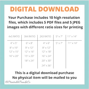 Puede incluir: Un gr&aacute;fico de descarga digital con fondo azul y texto blanco. El gr&aacute;fico enumera diferentes proporciones para im&aacute;genes imprimibles, incluyendo 4x5, 3x4, 2x3, 5x7 y 11x14. El texto dice "Descarga digital" y "Tu compra incluye 10 archivos de alta resoluci&oacute;n, que incluyen 5 archivos PDF y 5 im&aacute;genes JPEG con diferentes tama&ntilde;os de proporci&oacute;n para imprimir". El gr&aacute;fico tambi&eacute;n incluye el texto "Esta es una compra de descarga digital. No se enviar&aacute; ning&uacute;n art&iacute;culo f&iacute;sico por correo." y el nombre de usuario de las redes sociales "@PrintablePandaCo".