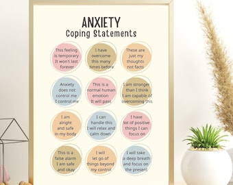 Anxiety Coping Statements for Anxiety Relief, Coping Skills Therapy Poster, Psychologist School Counselor Office decor, Calming Strategies