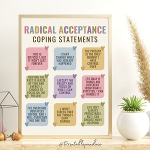 Radical Acceptance Coping Statements Mindfulness Poster | Self Acceptance Affirmations Printable wall art poster. This poster is perfect office décor for any psychologist, psychotherapist, counselor, therapist, teacher or social worker office.