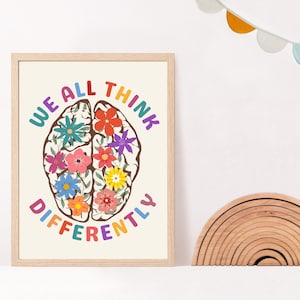 Neurodiversity Brain Art Poster - We All think differently Printable Wall Art poster is perfect office décor for any psychologist, psychotherapist, counselor, therapist, teacher or social worker office.