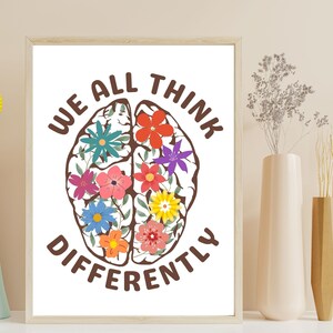Neurodiversity Brain Art Poster - We All think differently Mental Health Printable Wall Art poster is perfect office décor for any psychologist, psychotherapist, counselor, therapist, teacher or social worker office.