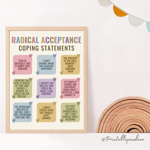 Radical Acceptance Coping Statements Mindfulness Poster | Self Acceptance Affirmations Printable wall art poster. This poster is perfect office décor for any psychologist, psychotherapist, counselor, therapist, teacher or social worker office.