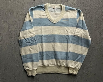 Vintage Adidas Sweatshirt Medium Blue 1980s Striped V-Neck Pullover