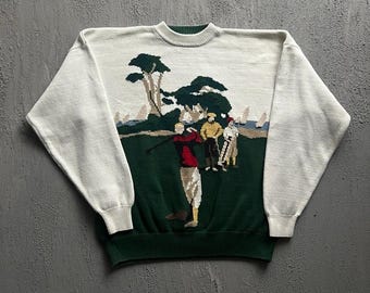 Vintage Golf Pullover Large Green 1990s Rundhalsausschnitt
