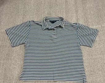 Vintage Lands End Polo Shirt Women's Medium Blue 90s Striped Button Up