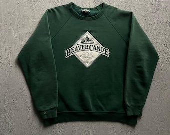 Vintage Beaver Canoe Sweatshirt XL Grün 1990er Jahre Raglan Pullover Rundhals