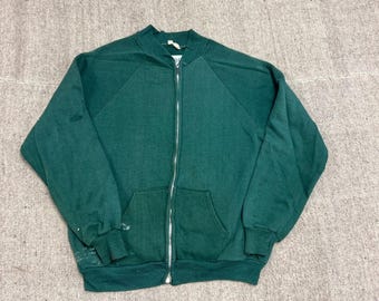 Vintage Full Zip Sweatshirt Mens Medium Green 1960s Distressed