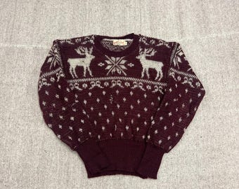 Vintage Jantzen Sweater XS Red 1940s Novelty Reindeer Christmas Distressed