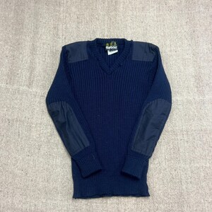 Barbour Commando-sweater heren medium blauwe militaire V-hals wol vintage