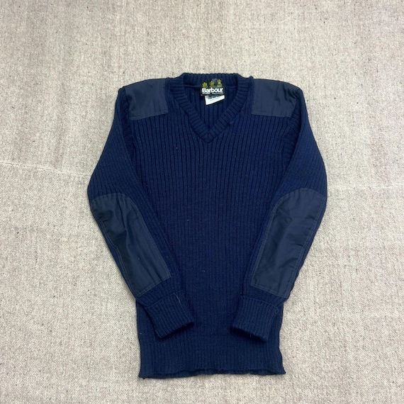 Barbour, Barbour Commando Sweater Mens Medium Blue Military V Neck Wool Vintage