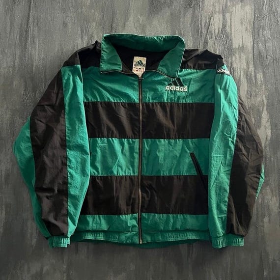 Adidas, Vintage Adidas Windbreaker Mens Large Green 1990s Striped