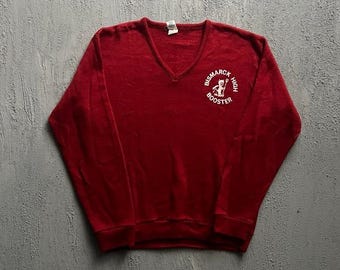 Suéter Bismarck High Booster vintage, talla grande, rojo, años 70, cuello en V, diablo