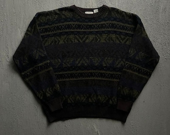 Vintage Sears Pullover XXL Grün 1990s Rundhals Gestreift Gemustert