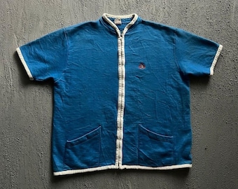 Moletom vintage Jantzen tamanho G azul anos 1960 manga curta algodão com zíper