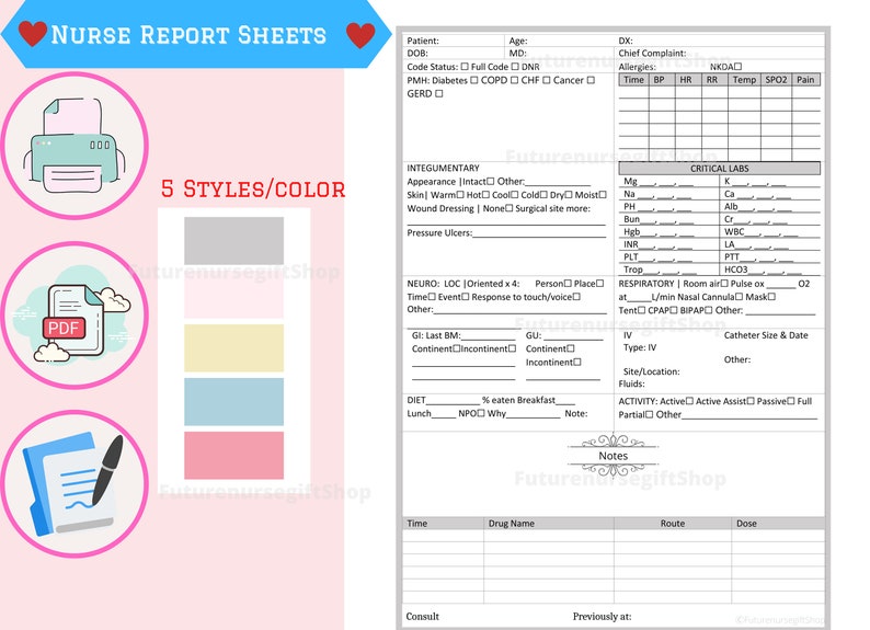 Printable Nurse Report Sheet End of Shift Report Handoff Sheet - Etsy