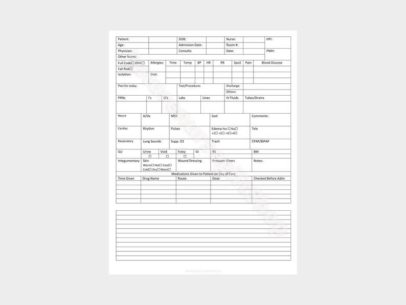 Printable Nurse Report Sheet Template Patient Tracker Sheet Etsy 
