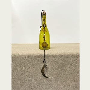 Half Moon Wind Chime, Pixie charm, Moon Pendant, Brown bottle, Yellow beads, Porch decoration