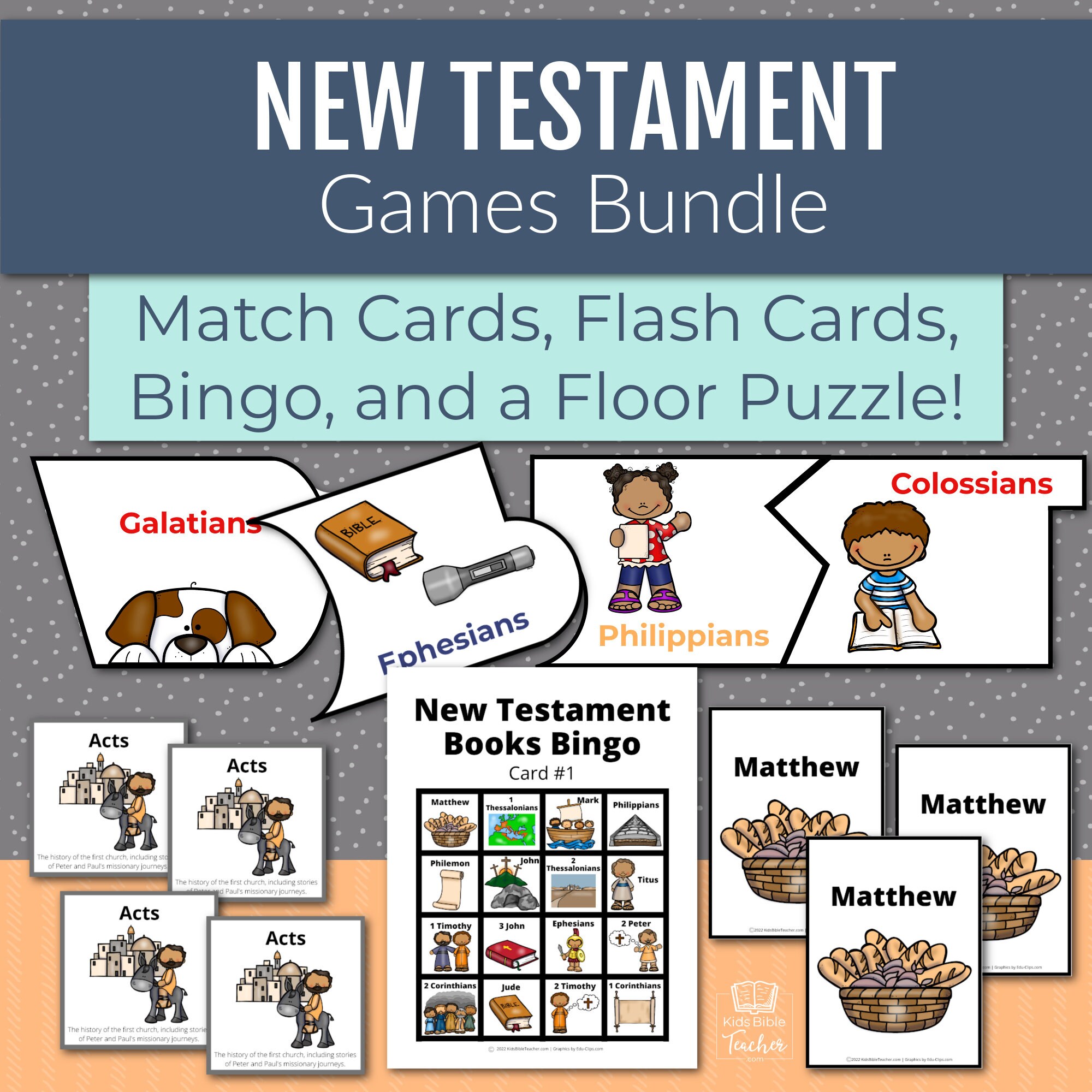 Bingo de juegos bíblicos, juegos de estudio bíblico, trivia bíblica, juego del Nuevo Testamento, escuela dominical, libros de la Biblia, versículos bíblicos, niños de primaria
