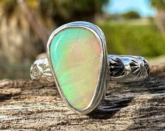 Australian Opal Ring / Opal Stacking Ring /Boho Bohemian Silver Ring, Crystal Opal, Size 6