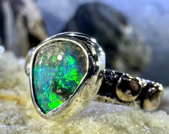 Australian Opal Ring, Boho Bohemian Silver Statement Ring, Molten Silver with 14k Gold Accents, Size 7.25