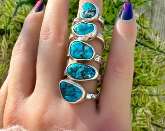 Turquoise Ring / Morenci Turquoise Ring / Turquoise 925 Stackable Stamped Ring
