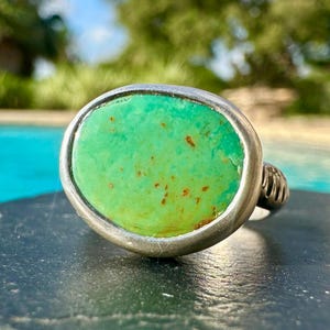 Sonoran Gold Turquoise Ring Silver Stamped Band, Size 8.25