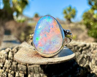 Australian Opal Ring, Opal Statement Ring, Molten Silver with 14k Gold Accents, Boho Ring, Crystal Opal, Finish in your size