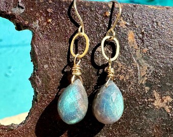 Labradorite Earrings, Faceted Labradorite Teardrop Earrings with gold filled wires, Wire Wrapped Jewelry