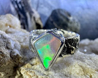 Australian Opal Ring, Opal Statement Wide Ring Band, Molten Silver with 14k Gold Accents, Boho Ring, Crystal Opal, Size 7.5