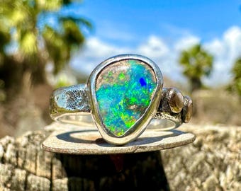 Australian Opal Ring, Boho Bohemian Silver Statement Ring, Molten Silver with 14k Gold Accents, Size 7.25