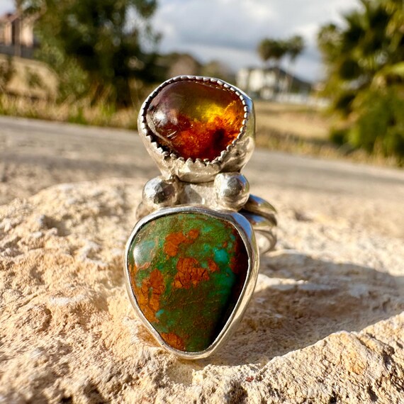 Hubei Turquoise Multistone Statement Ring: Sterling Silver, Southwestern Boho Style