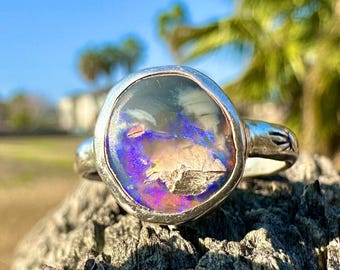 Australian Opal Ring, Opal Silver Ring, Boho Bohemian Silver Ring, Size 8.5