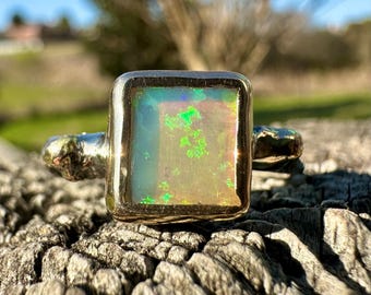 Australian Crystal Opal Ring: 14K Gold Bezel, Oxidized Sterling Silver, Size 7