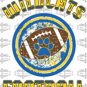 Wildcats Football Paw Print PNG: Blue and Yellow School Spirit (Digital Download)