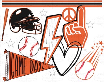 May include: A collection of baseball-themed graphics, including a baseball helmet, a baseball, a peace sign, a lightning bolt, a heart, a foam finger, a pennant with the text "GAME DAY", and a shooting star. The graphics are in orange and black.