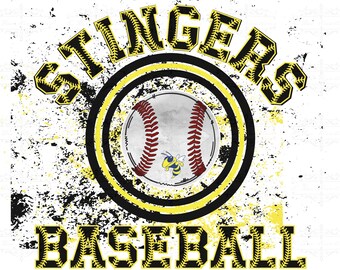 Può includere: Un logo da baseball giallo e nero con il testo "STINGERS BASEBALL" in un font usurato. Il logo presenta una palla da baseball con una mascotte ape.