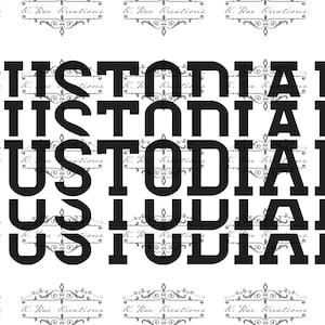 Könnte beinhalten: Das Wort "CUSTODIAN" wiederholt sich in schwarzer, fetter Schrift auf weißem Hintergrund. Das Design umfasst dekorative Verzierungen und den Text "K. Rae Kreations."